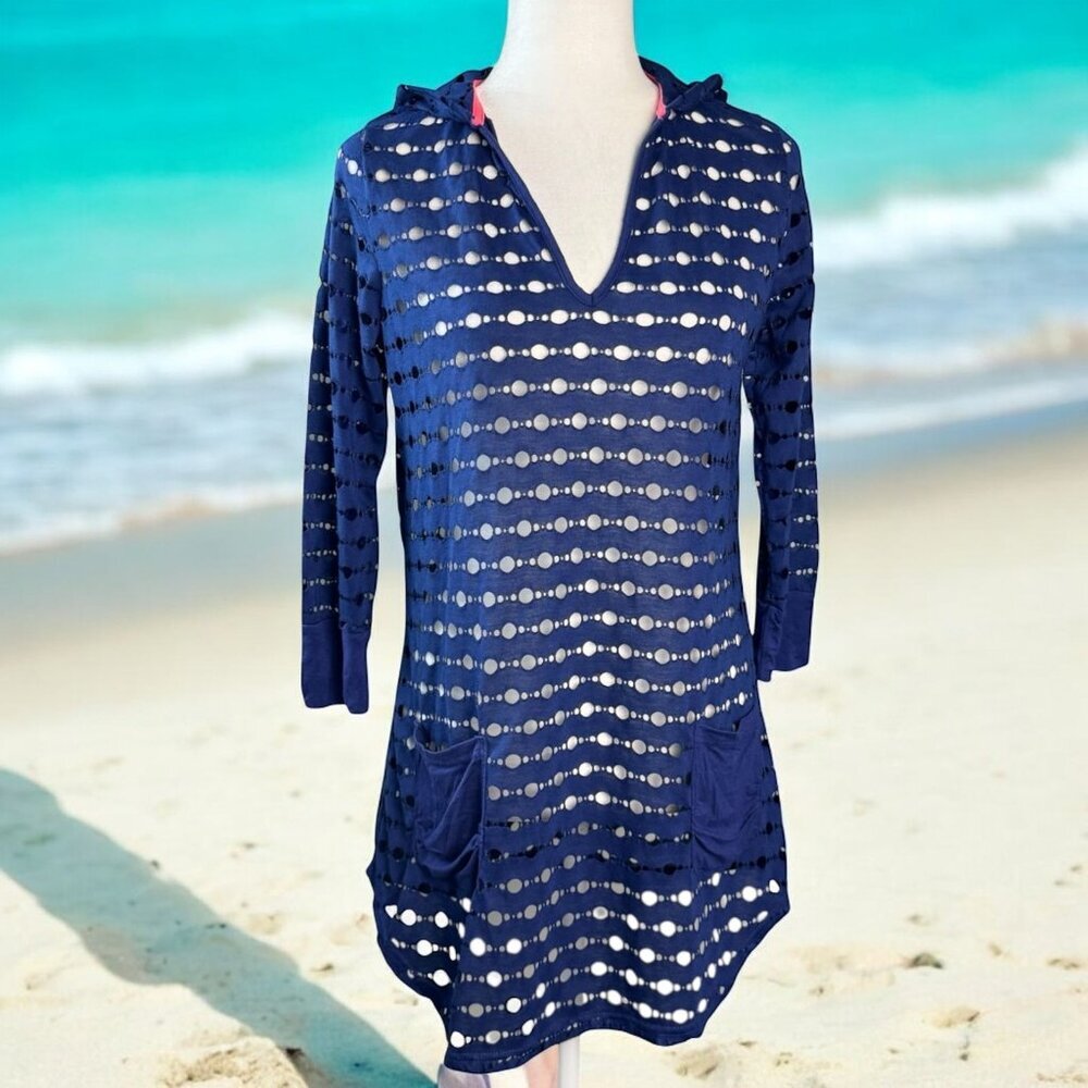 St. Tropez West Swim Coverup Blue & Coral Swimsuit Coverup 3/4 Sleeves Women's M